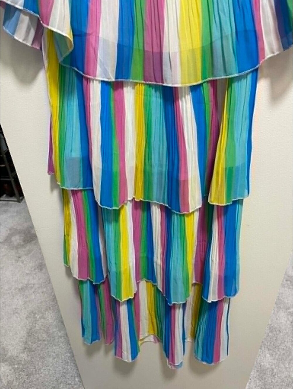 LIKE NEW Sz L Rainbow Stripe Off-Shoulder Tiered Ruffle Pleated Chiffon - Picture 6 of 7